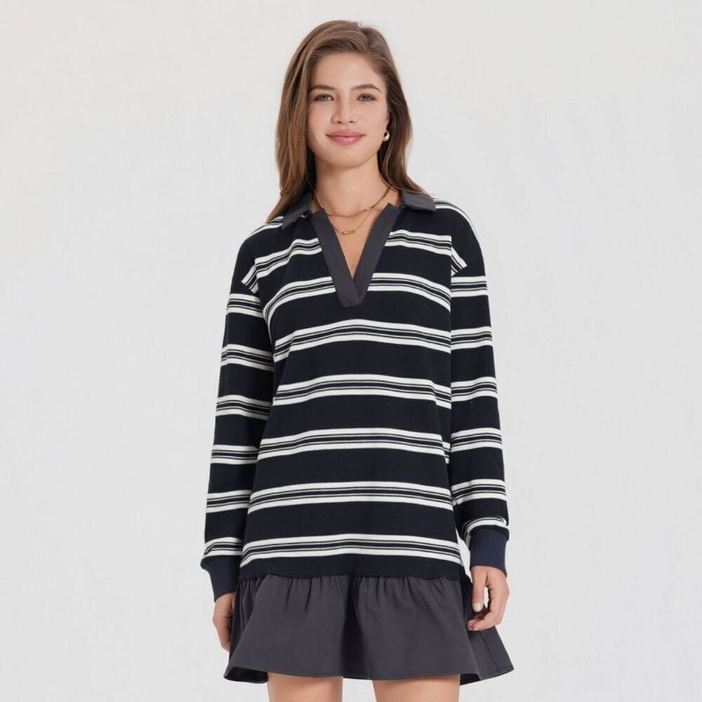 Women's Long Sleeve Mini Polo T-Shirt Dress - Navy Blue/White Striped L